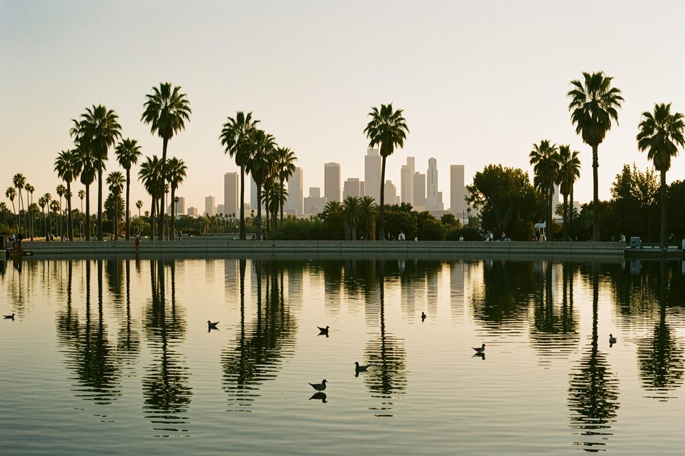 MacArthur Park lake with the downtown Los Angeles skyline