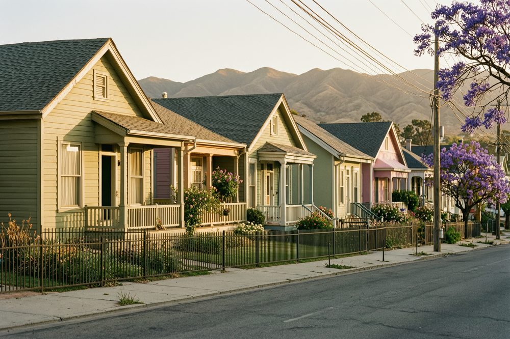 Craftsman houses on a Boyle Heights street with a jacaranda tree