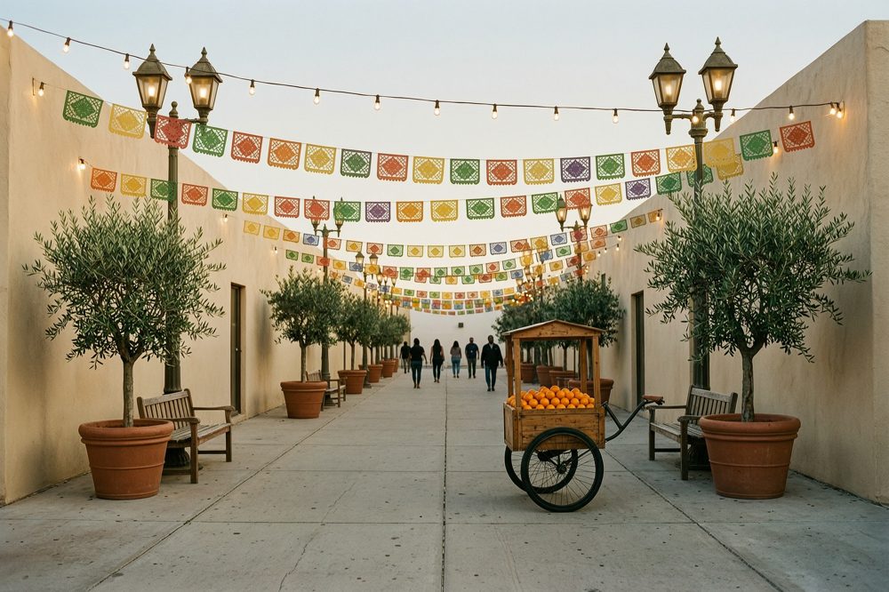 Festive plaza with papel picado in Huntington Park