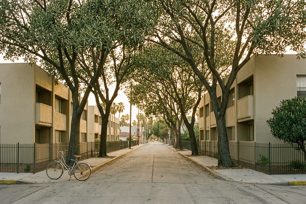 Tree-lined street with apartment buildings in North Hollywood